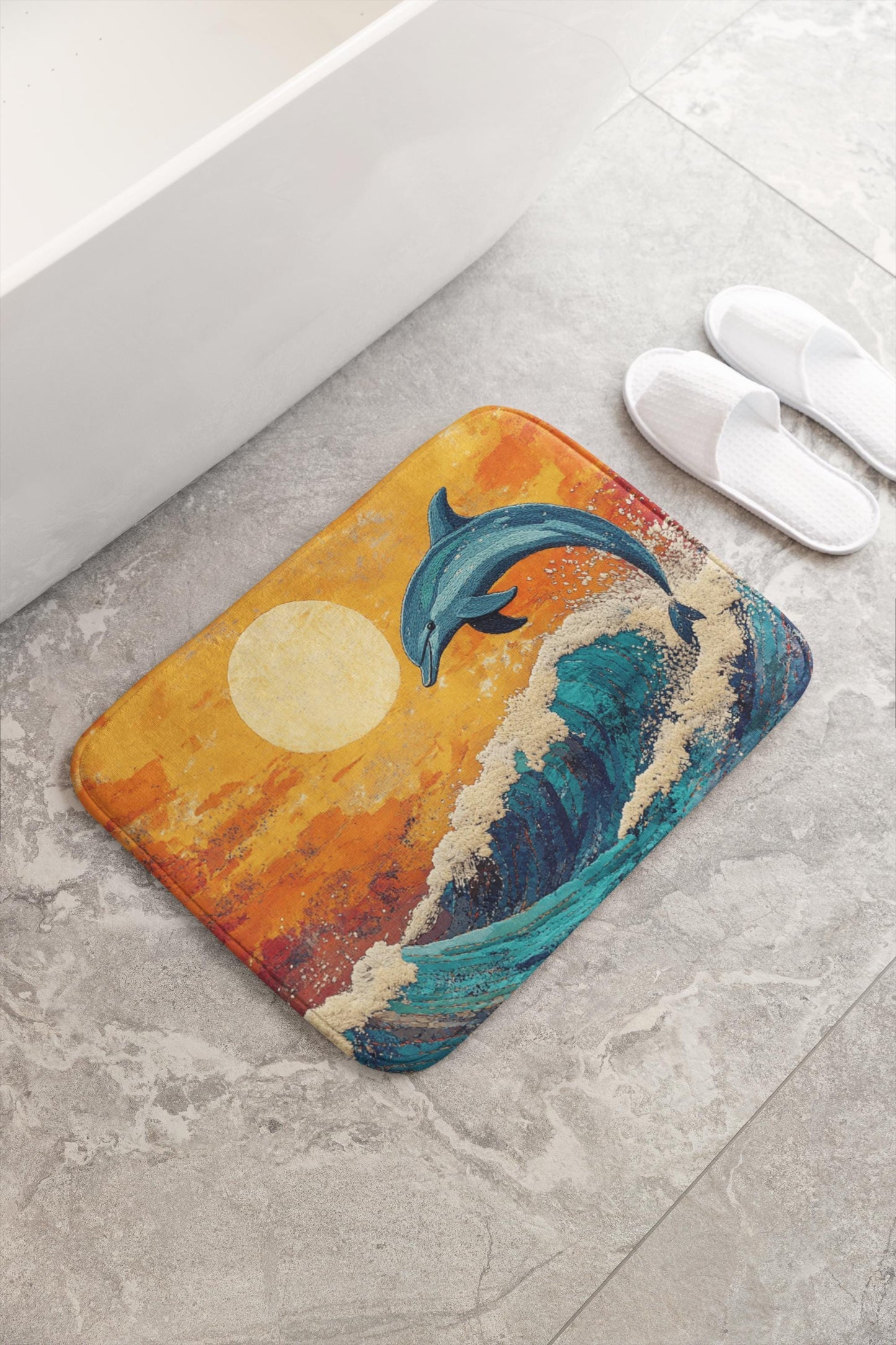 Dolphin Bath Mat – Ocean Wave Marine Life Bathroom Rug