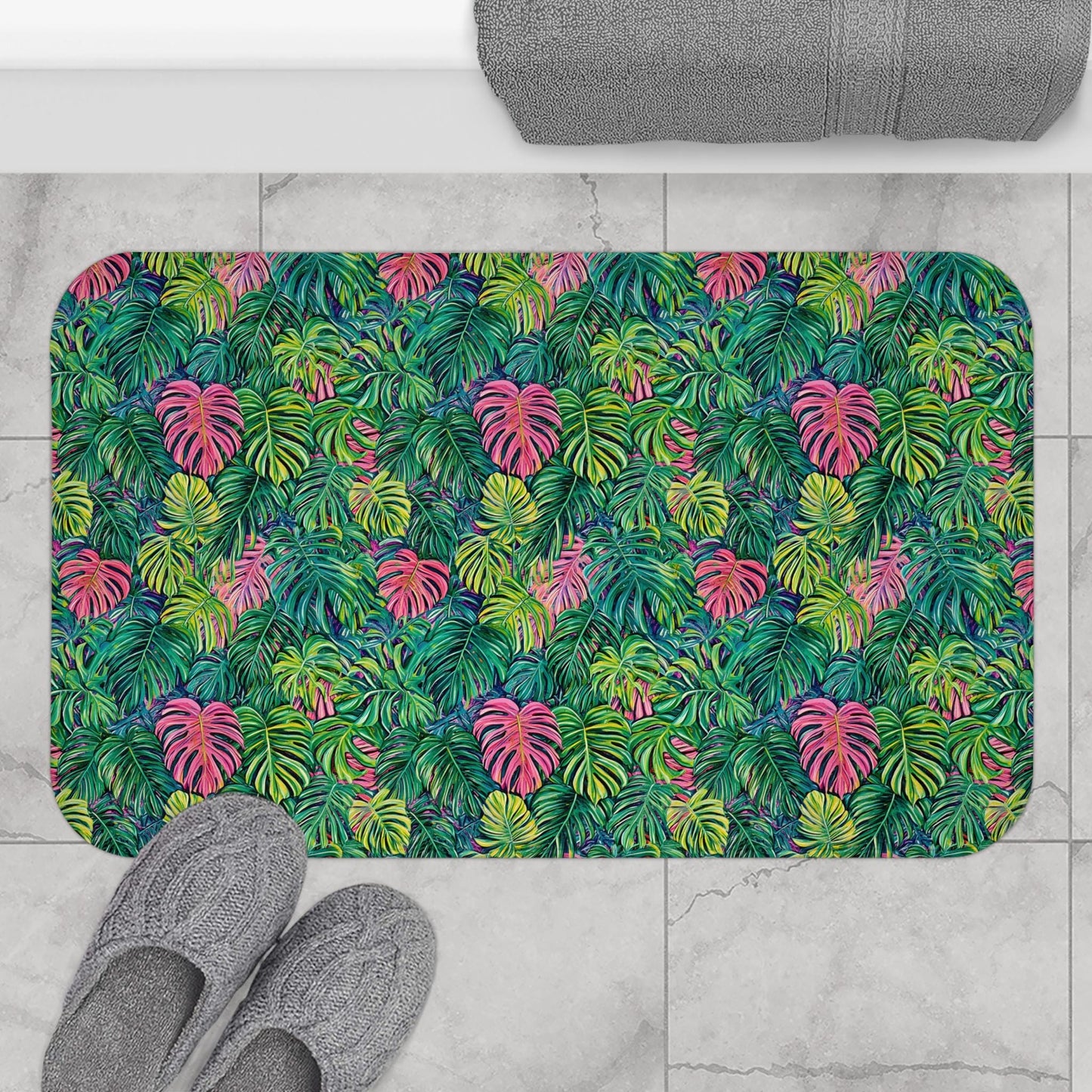 Tropical Leaf Bath Mat - Monstera Bathroom Rug Colorful Jungle Decor