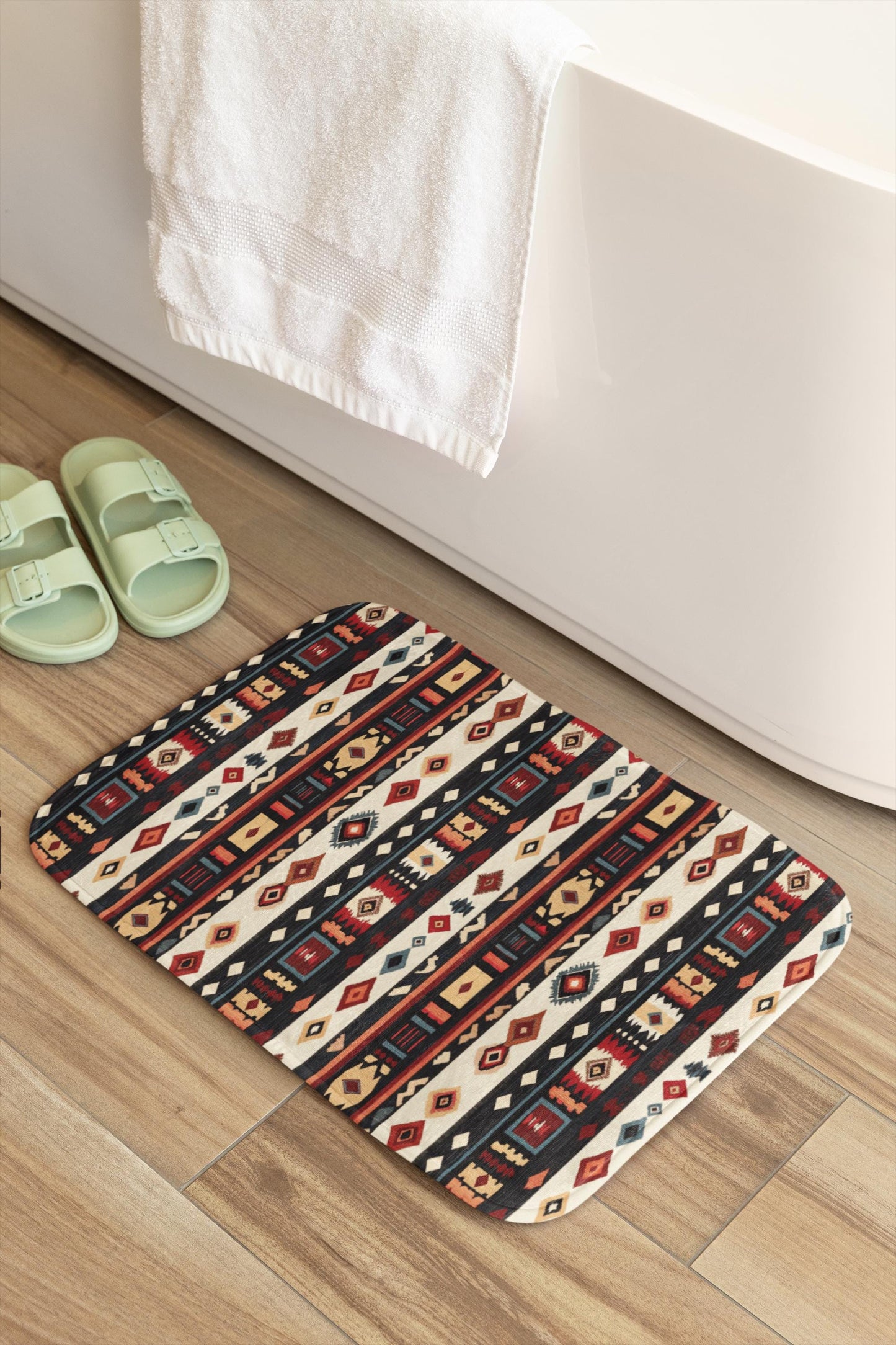Tribal Stripe Bath Mat – Ethnic Boho Bathroom Rug with Anti-Slip