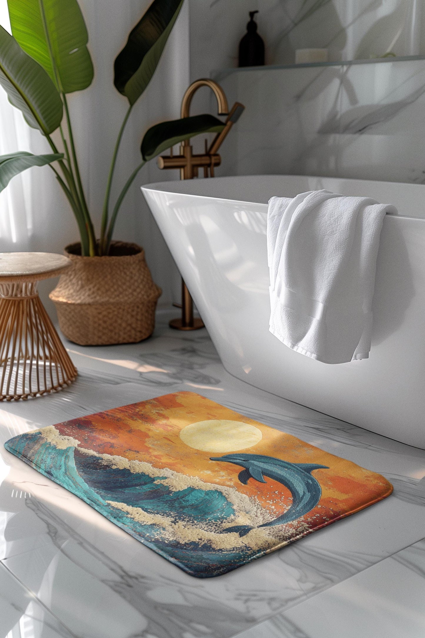 Dolphin Bath Mat – Ocean Wave Marine Life Bathroom Rug