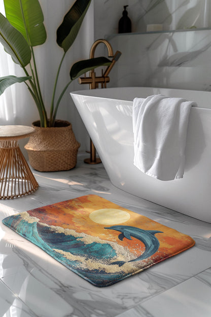 Dolphin Bath Mat – Ocean Wave Marine Life Bathroom Rug