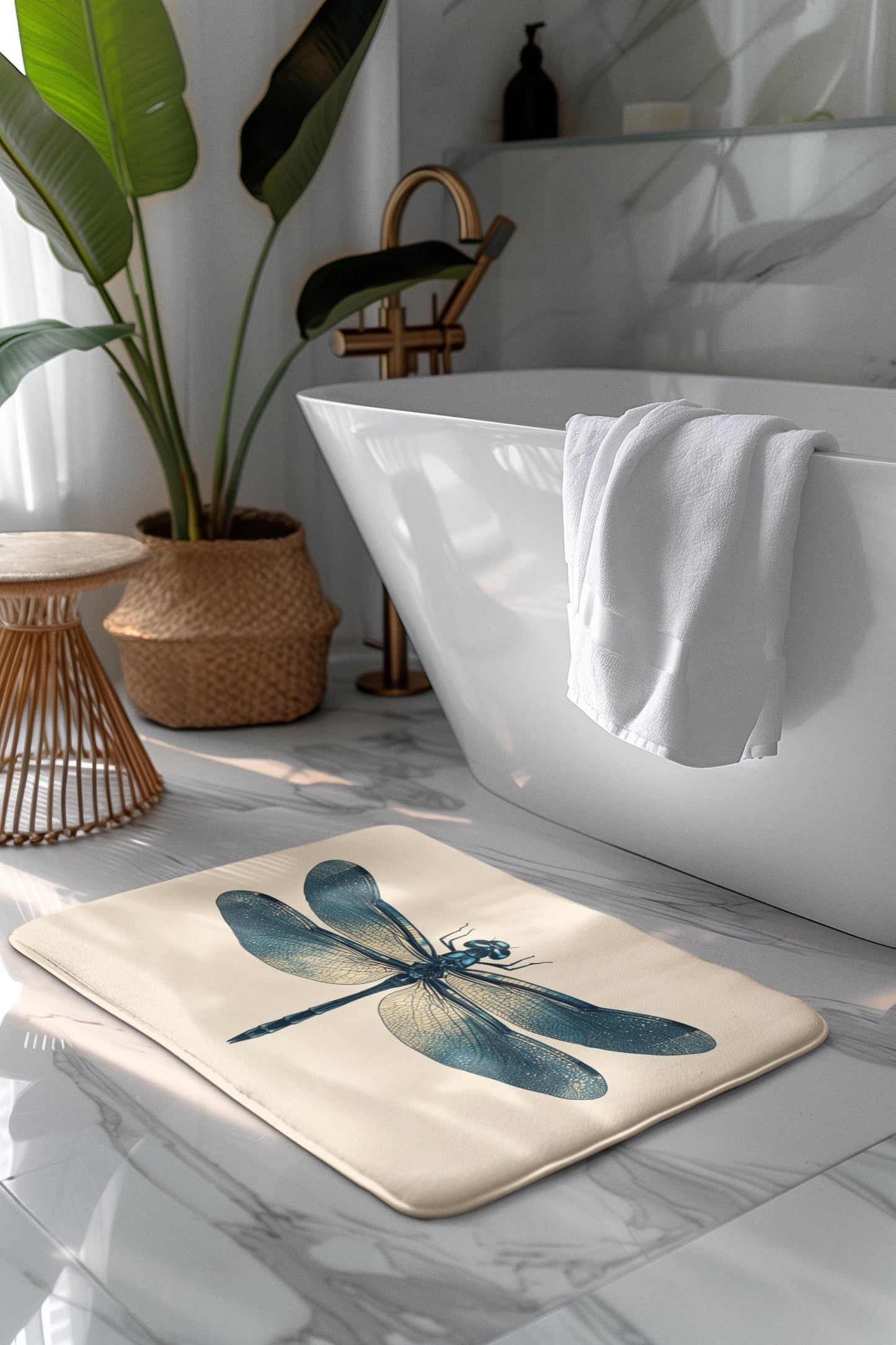 Dragonfly Bath Mat – Nature Bathroom Rug, Botanical Insect Decor, Soft Non-Slip