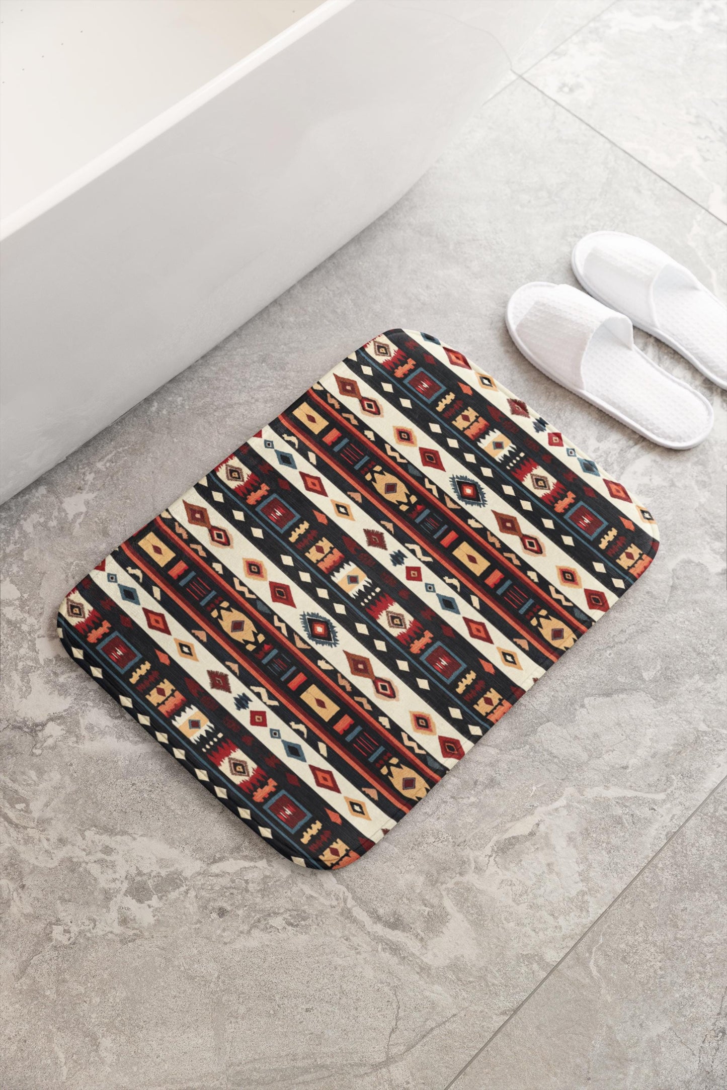 Tribal Stripe Bath Mat – Ethnic Boho Bathroom Rug with Anti-Slip
