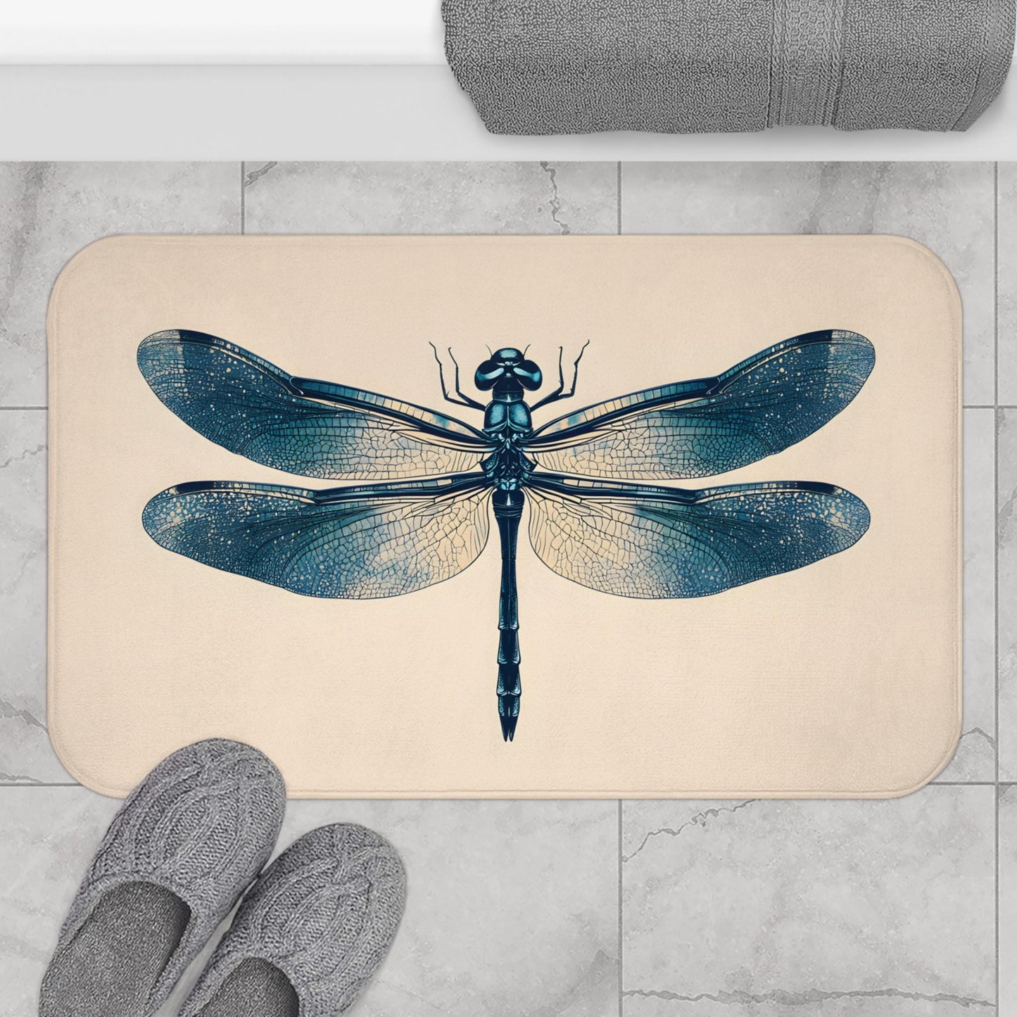 Dragonfly Bath Mat – Nature Bathroom Rug, Botanical Insect Decor, Soft Non-Slip