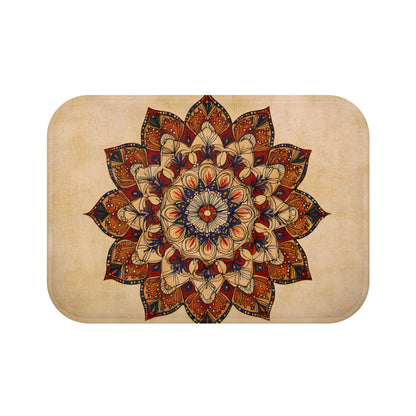 Mandala Bath Mat – Bohemian Tan & Red Rug, Warm Floral Meditation Decor