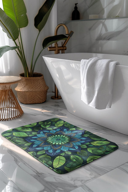 Blue Green Mandala Bath Mat – Boho Bathroom Rug with Sacred Geometry