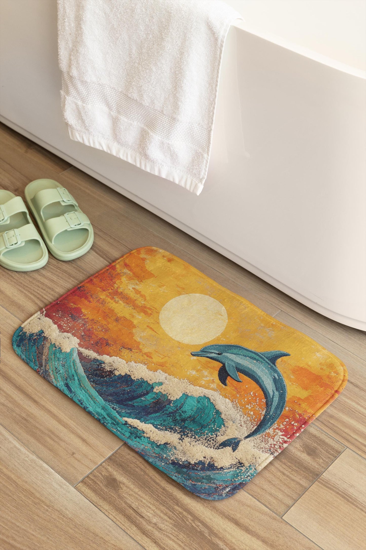 Dolphin Bath Mat – Ocean Wave Marine Life Bathroom Rug