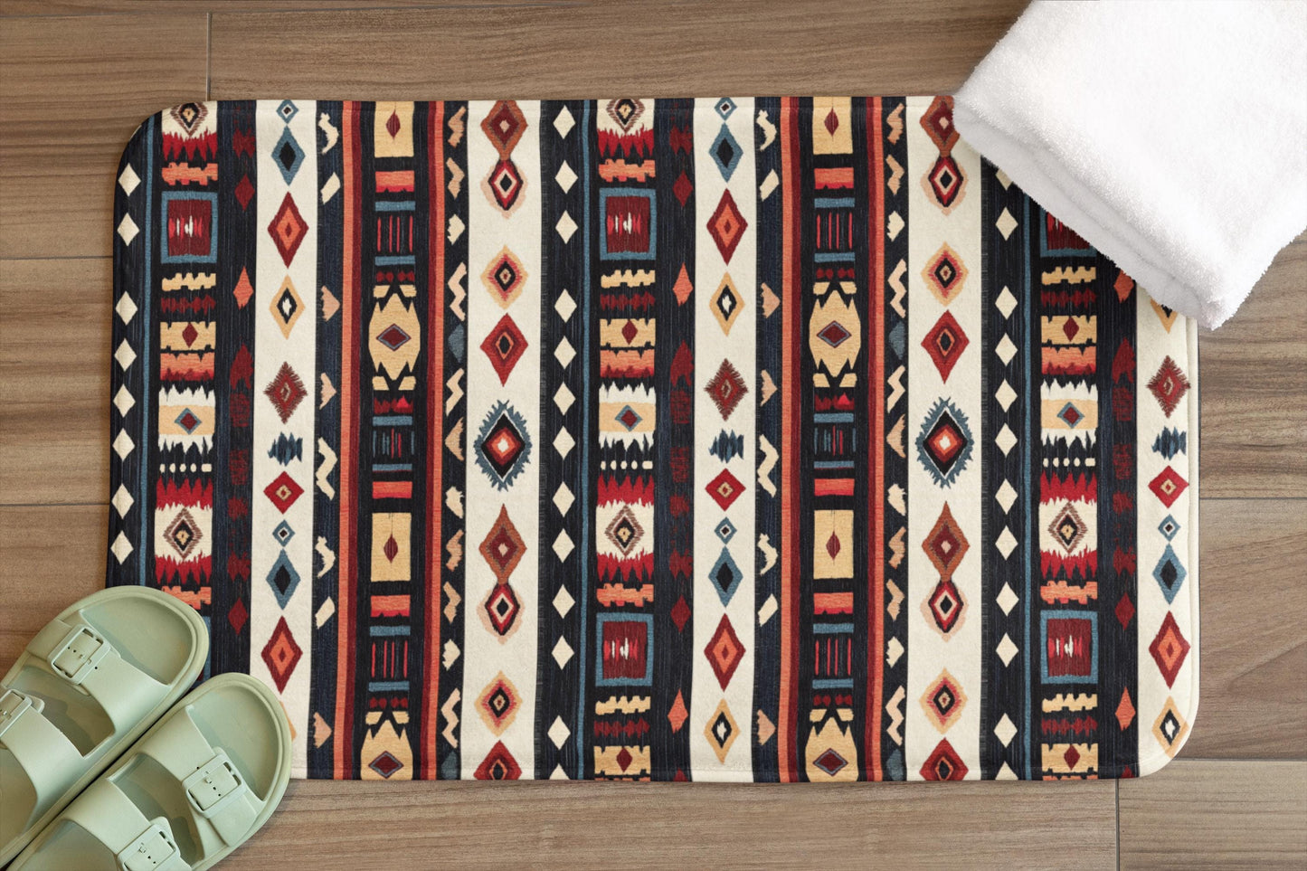 Tribal Stripe Bath Mat – Ethnic Boho Bathroom Rug with Anti-Slip