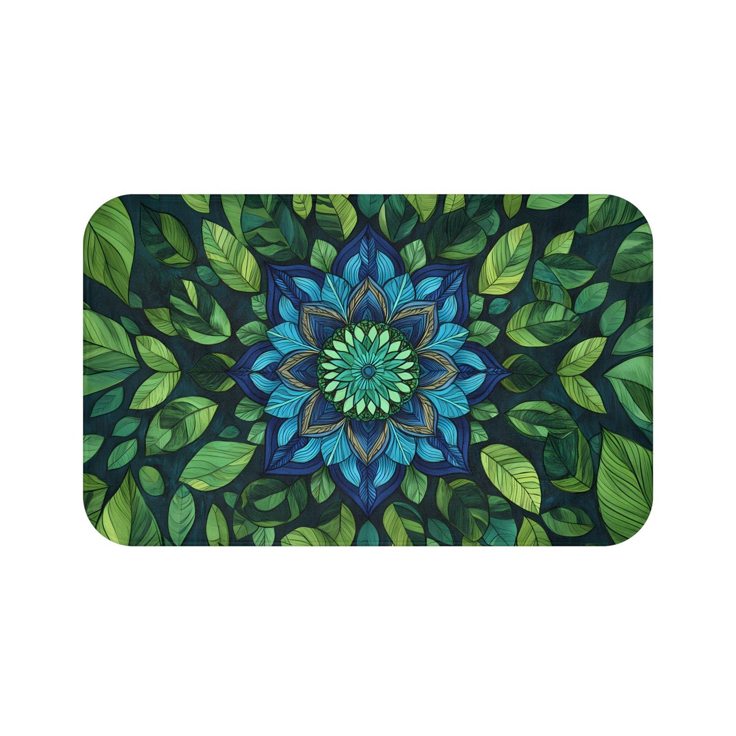 Blue Green Mandala Bath Mat – Boho Bathroom Rug with Sacred Geometry