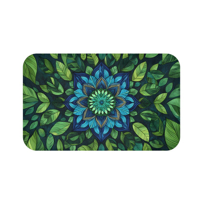 Blue Green Mandala Bath Mat – Boho Bathroom Rug with Sacred Geometry