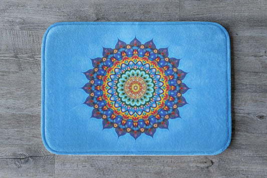 Mandala Bath Mat - Blue Spiritual Bathroom Rug Colorful Boho Decor