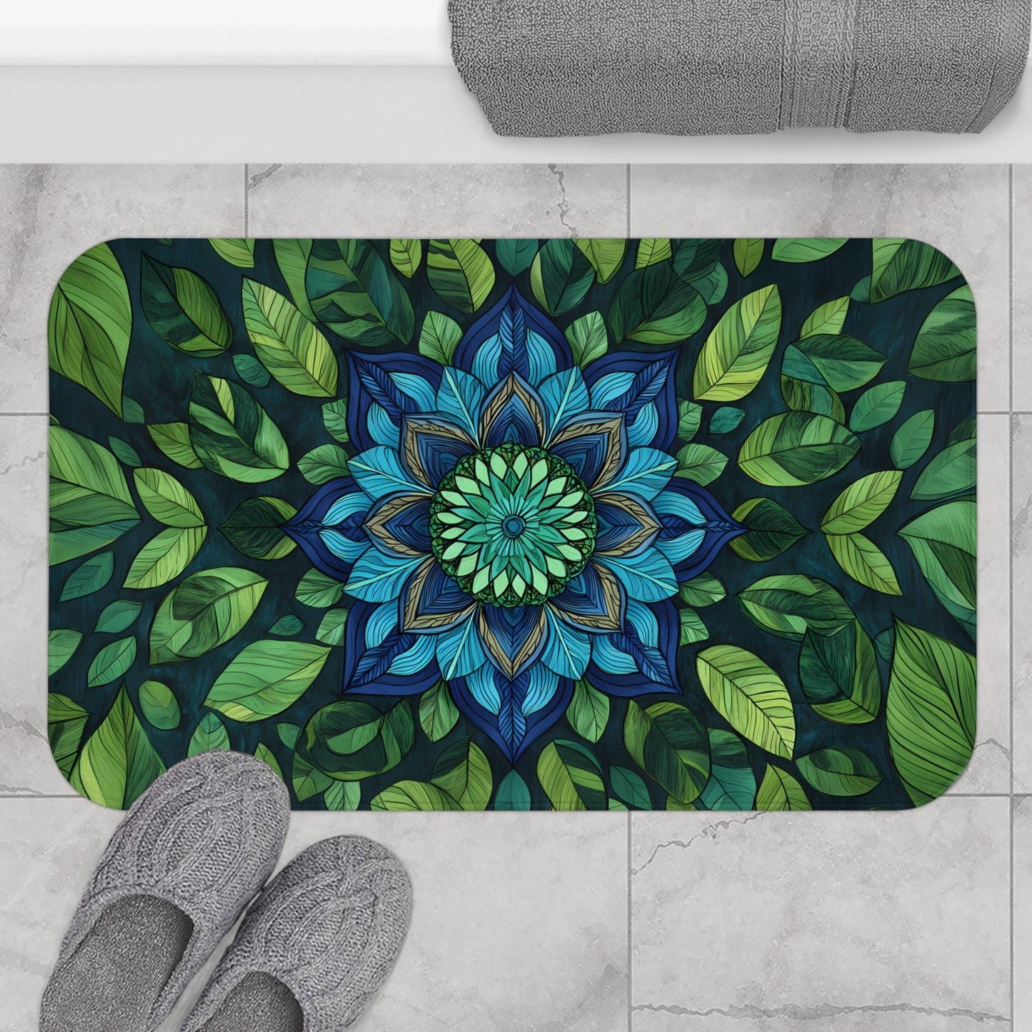Blue Green Mandala Bath Mat – Boho Bathroom Rug with Sacred Geometry