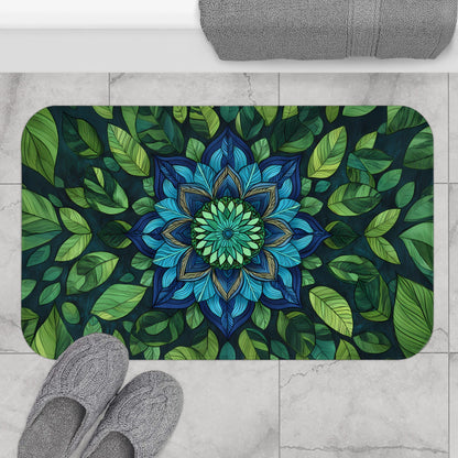 Blue Green Mandala Bath Mat – Boho Bathroom Rug with Sacred Geometry