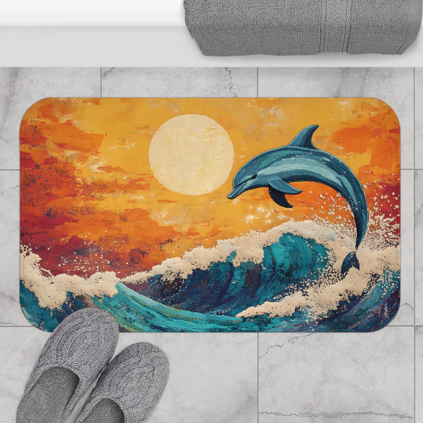 Dolphin Bath Mat – Ocean Wave Marine Life Bathroom Rug