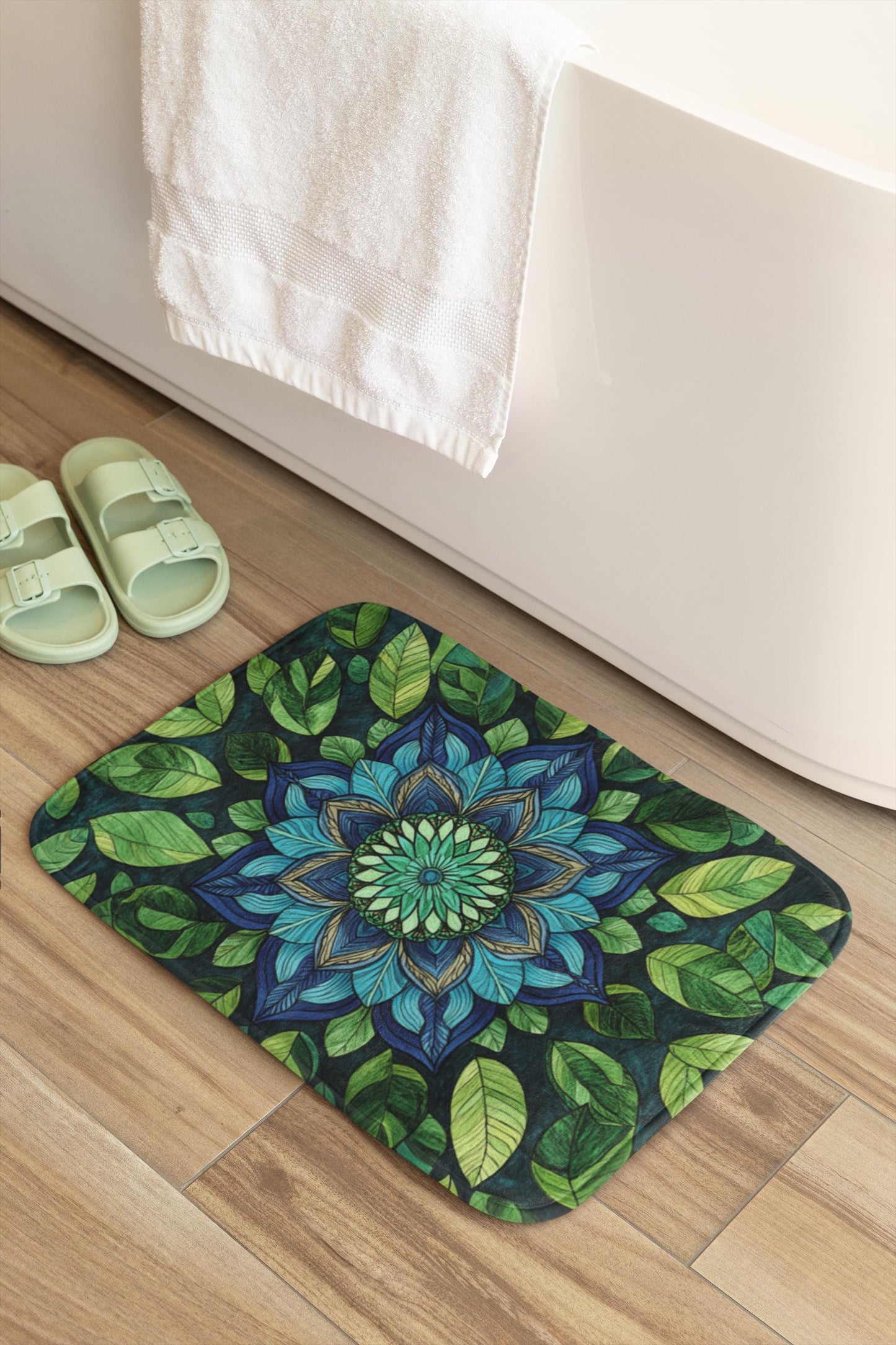 Blue Green Mandala Bath Mat – Boho Bathroom Rug with Sacred Geometry