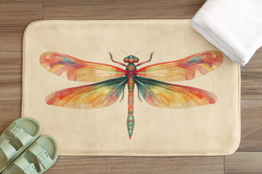 Colorful Dragonfly Bath Mat – Rainbow Insect Bathroom Rug