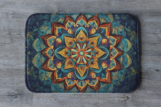 Mandala Bath Mat – Boho Floral Sacred Geometry Rug in Green & Teal
