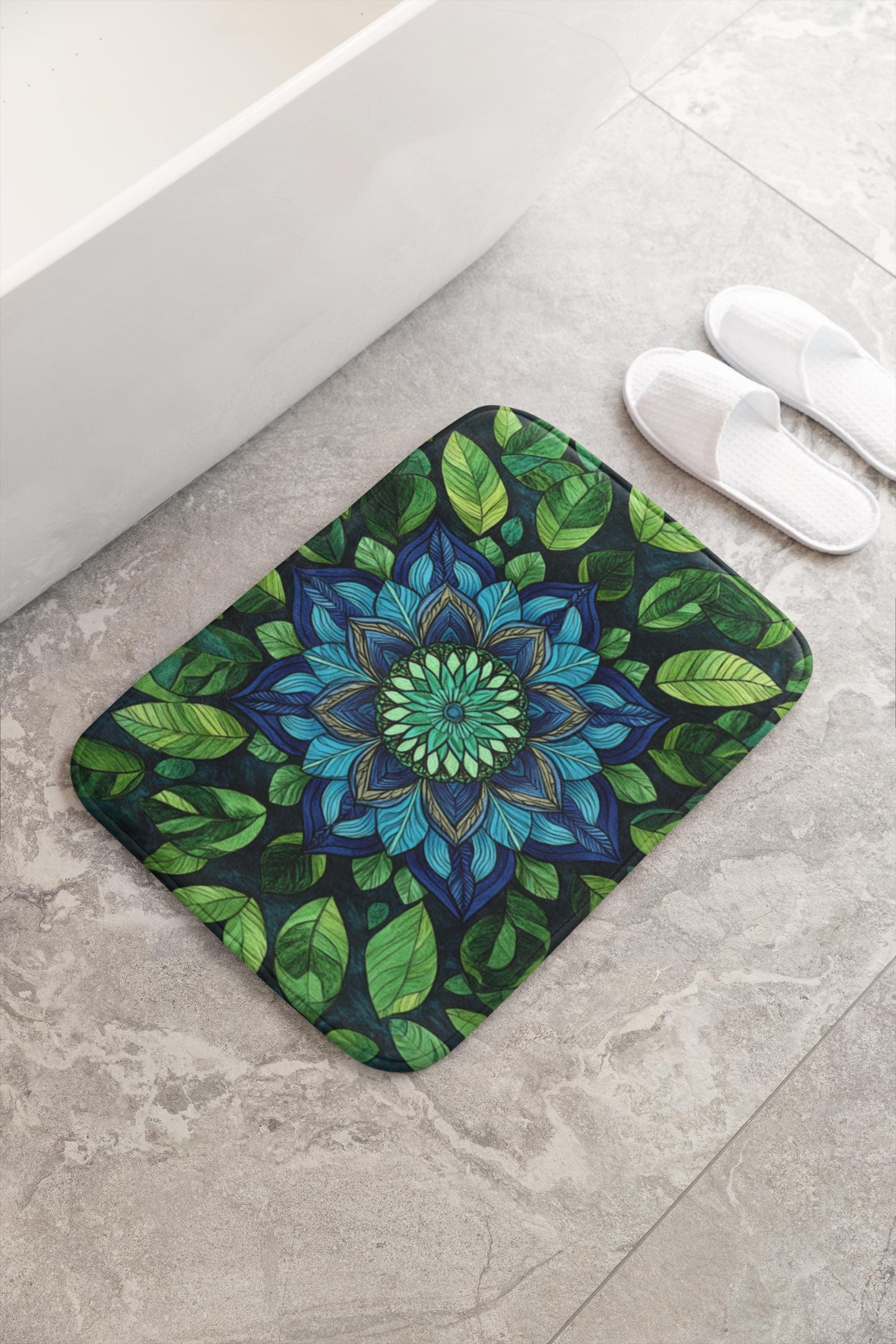 Blue Green Mandala Bath Mat – Boho Bathroom Rug with Sacred Geometry