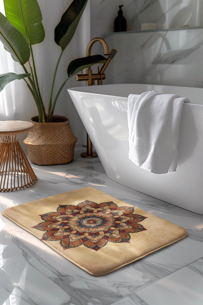 Mandala Bath Mat – Bohemian Tan & Red Rug, Warm Floral Meditation Decor