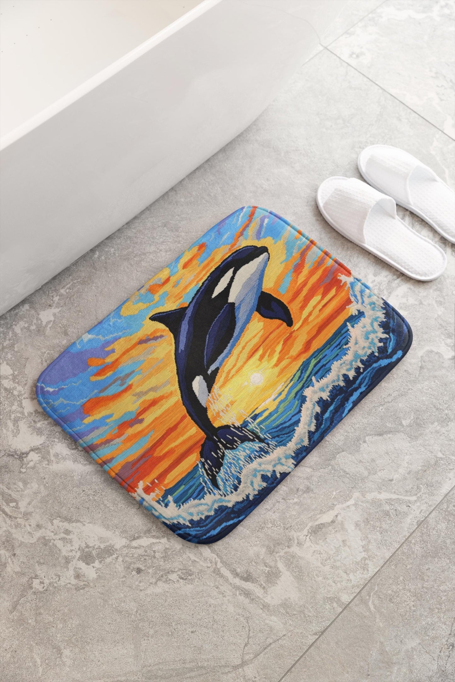 Orca Whale Bath Mat – Ocean Bathroom Rug, Coastal Sunset Marine Decor