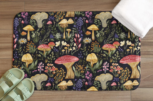 Mushroom Bath Mat – Cottagecore Botanical Bathroom Rug, Fungi Decor, Soft Non-Slip