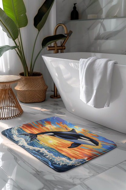 Orca Whale Bath Mat – Ocean Bathroom Rug, Coastal Sunset Marine Decor