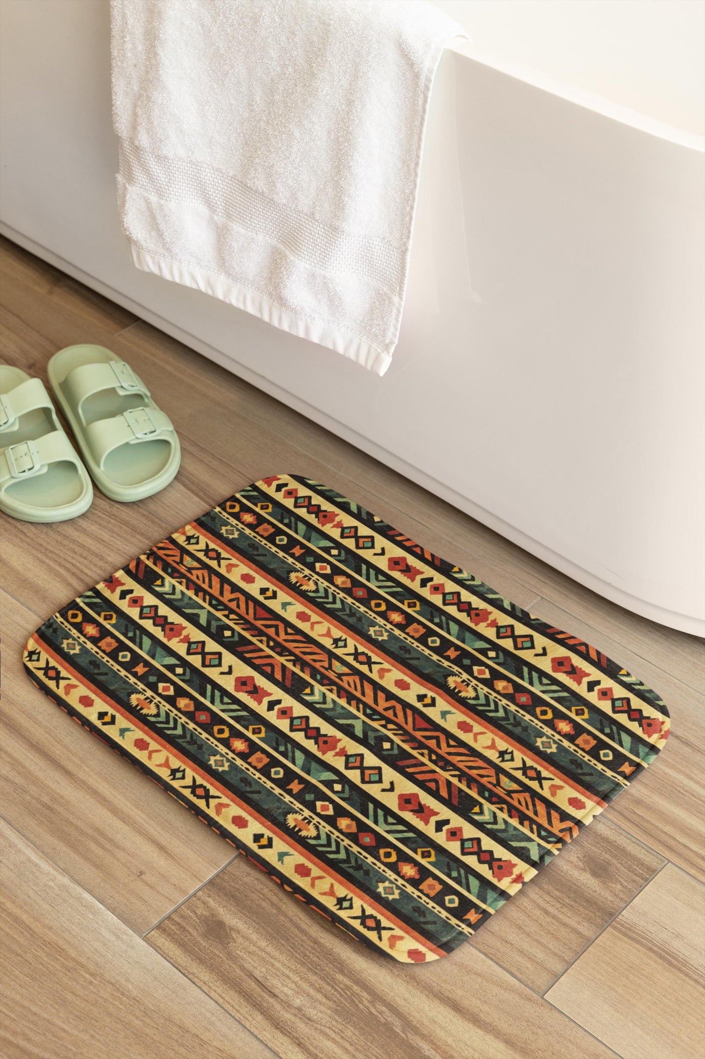 Southwestern Bath Mat – Rustic Boho Bathroom Rug with Tribal Pattern
