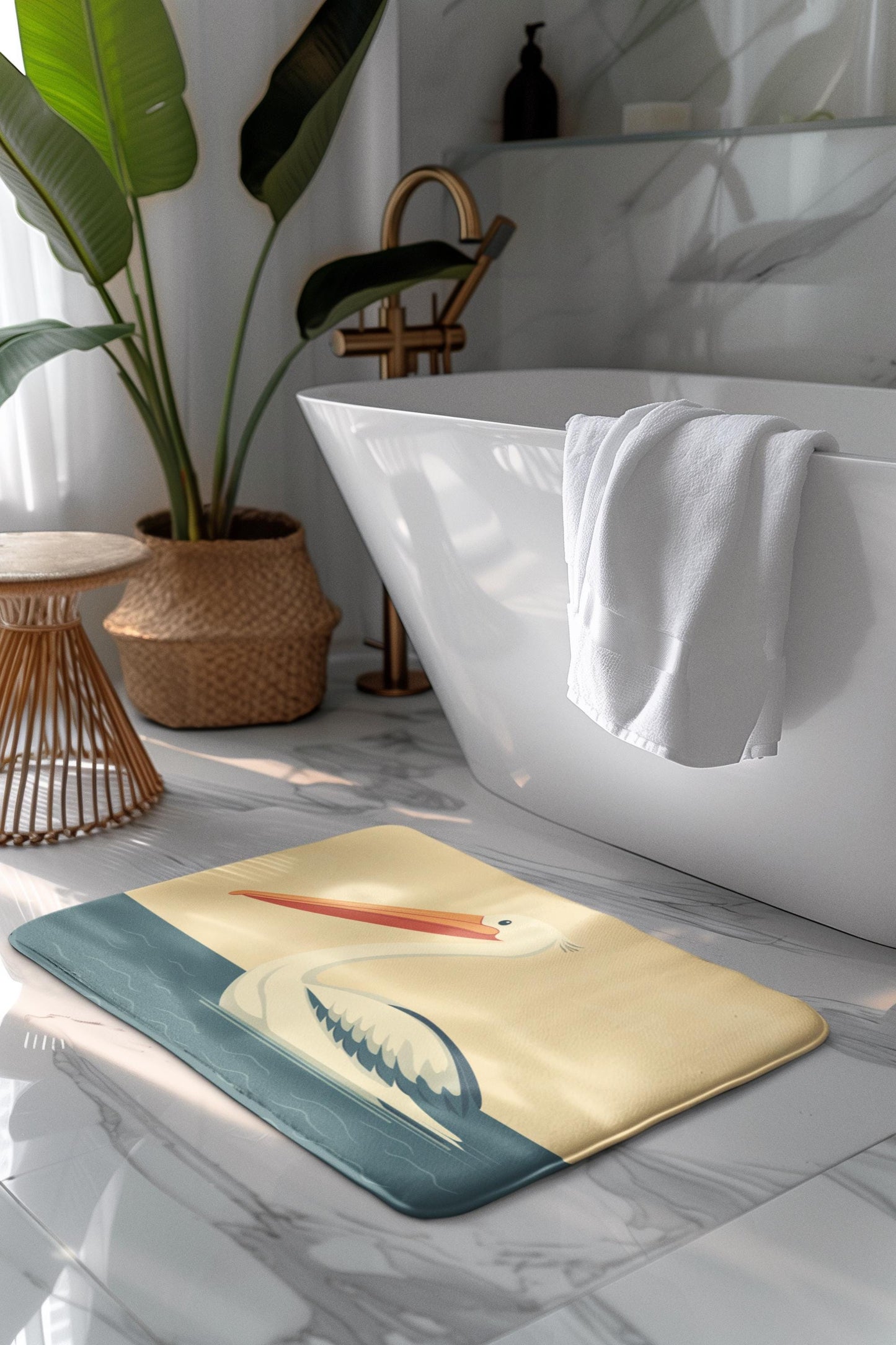 Pelican Bath Mat – Coastal Bird Bathroom Rug with Ocean Theme