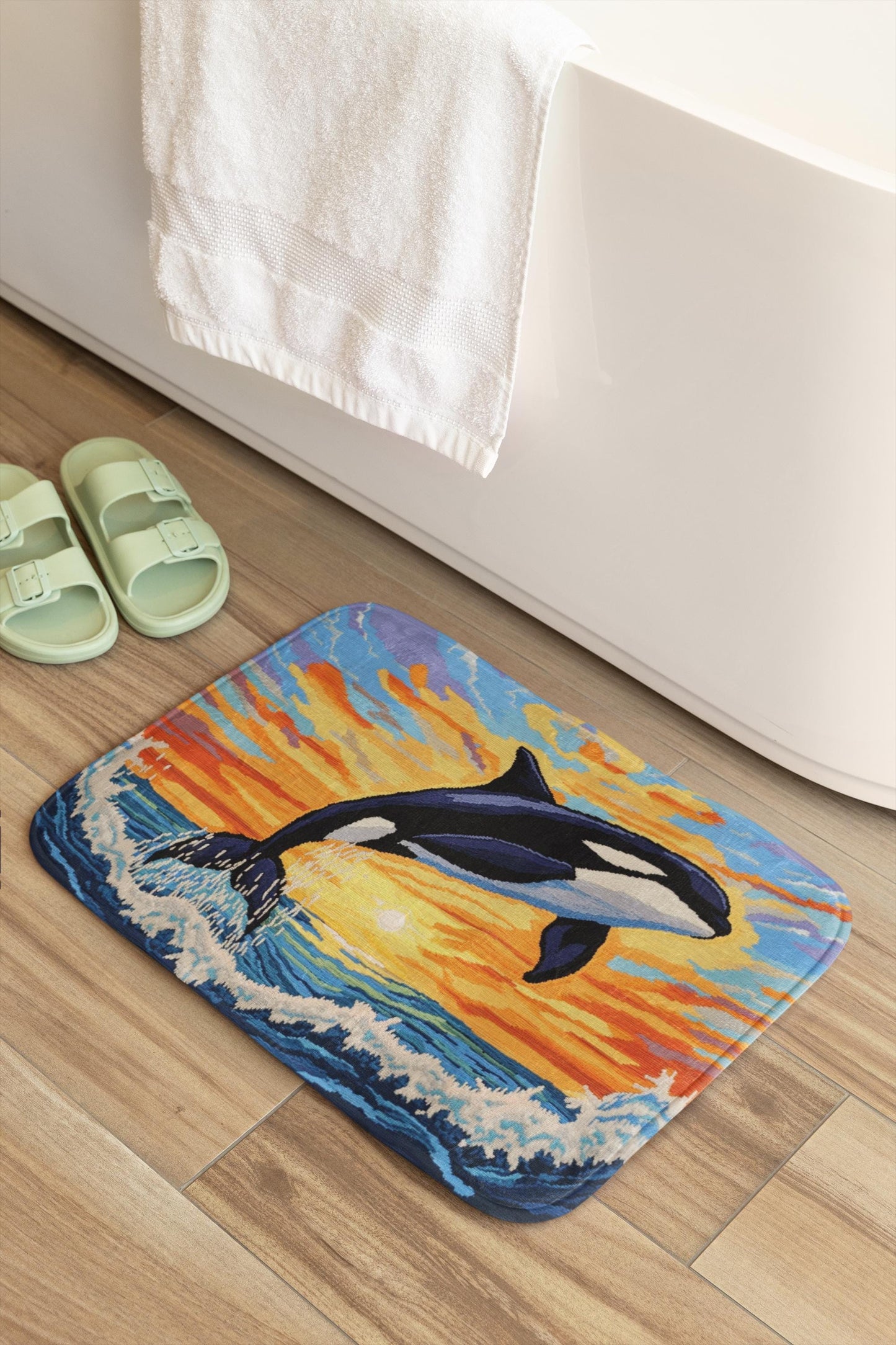 Orca Whale Bath Mat – Ocean Bathroom Rug, Coastal Sunset Marine Decor
