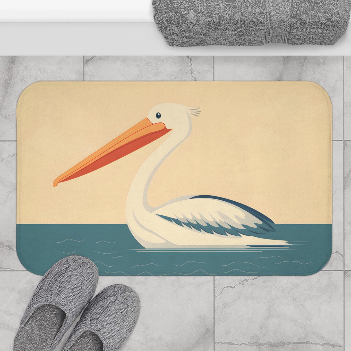 Pelican Bath Mat – Coastal Bird Bathroom Rug with Ocean Theme