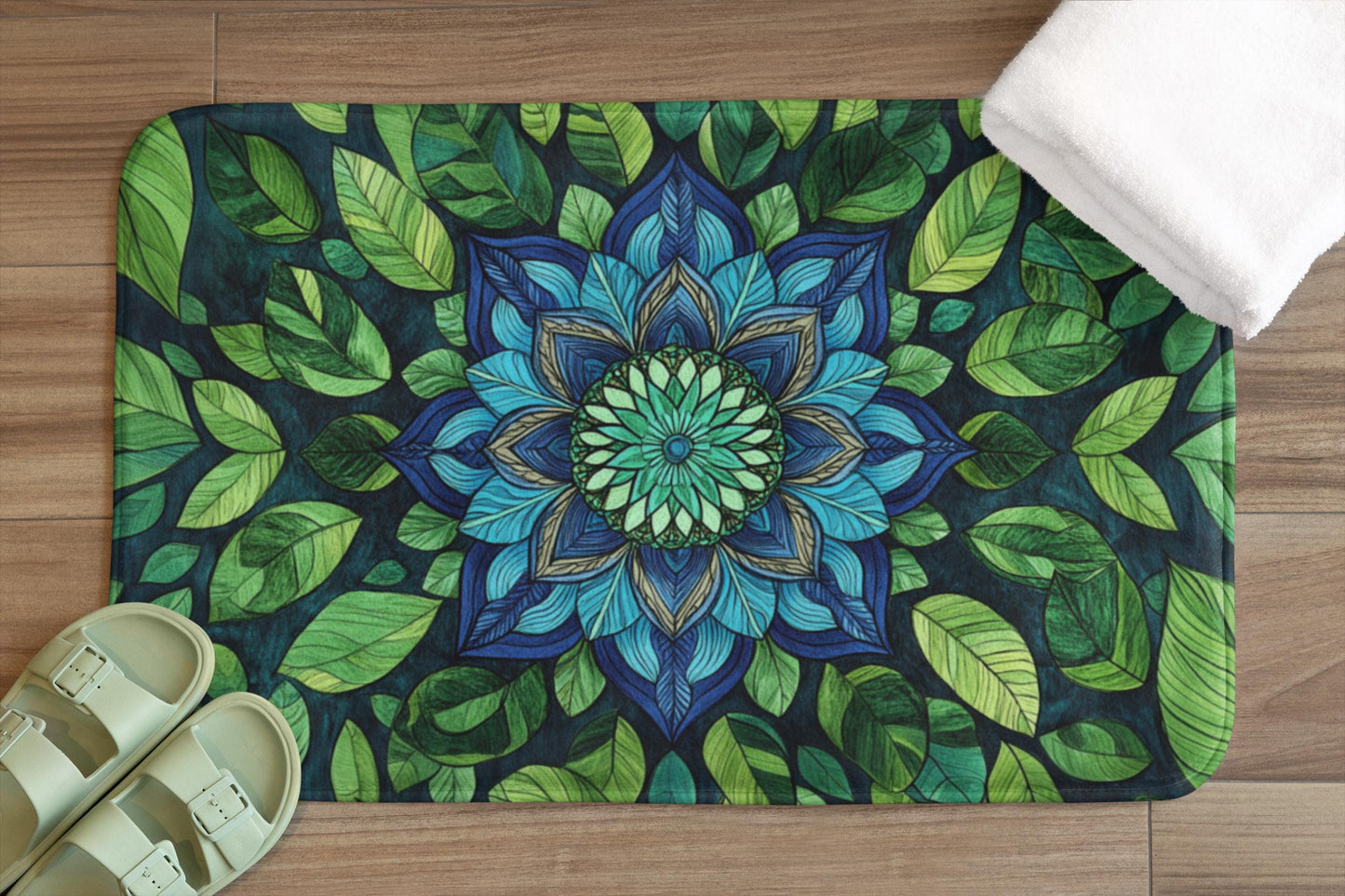 Blue Green Mandala Bath Mat – Boho Bathroom Rug with Sacred Geometry