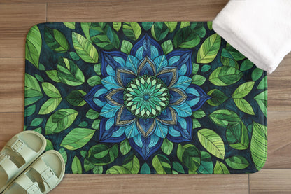 Blue Green Mandala Bath Mat – Boho Bathroom Rug with Sacred Geometry