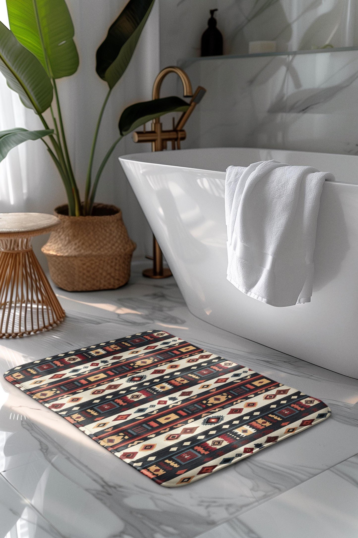 Tribal Stripe Bath Mat – Ethnic Boho Bathroom Rug with Anti-Slip
