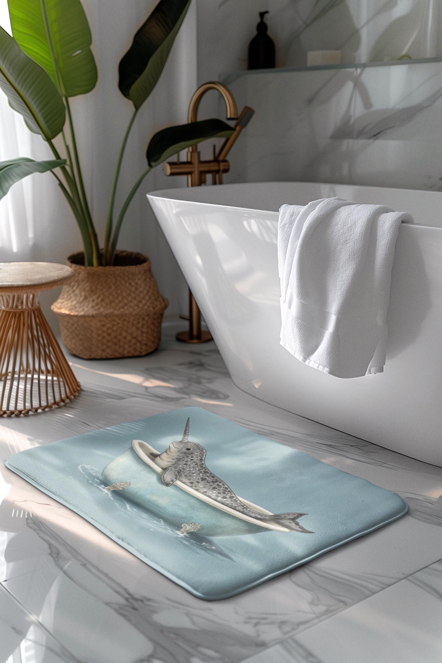 Narwhal Bath Mat – Whimsical Ocean Animal Bathroom Rug